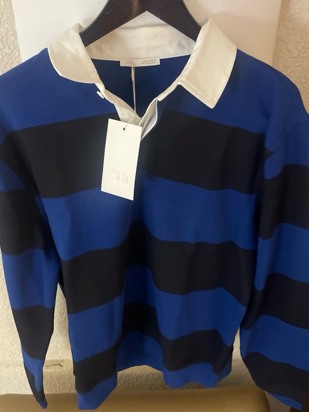 Zara Royal Blue and Black Striped Polo Sweater with White Collar